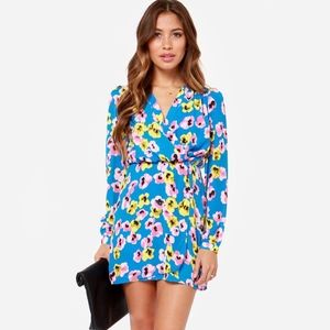 Lulu's Long Sleeve Blue Floral Print Wrap Dress